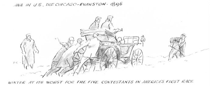 AND IN US, THE CHICAGO-EVANSTON. 1895 WINTER AT ITS WORST FOR THE FIVE CONTESTANTS IN AMERICA'S FIRST RACE